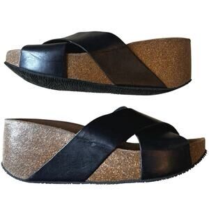 Lola Sabbia for Eric Michael Criss-cross Leather Cork Wedge Sandals, Size 38.